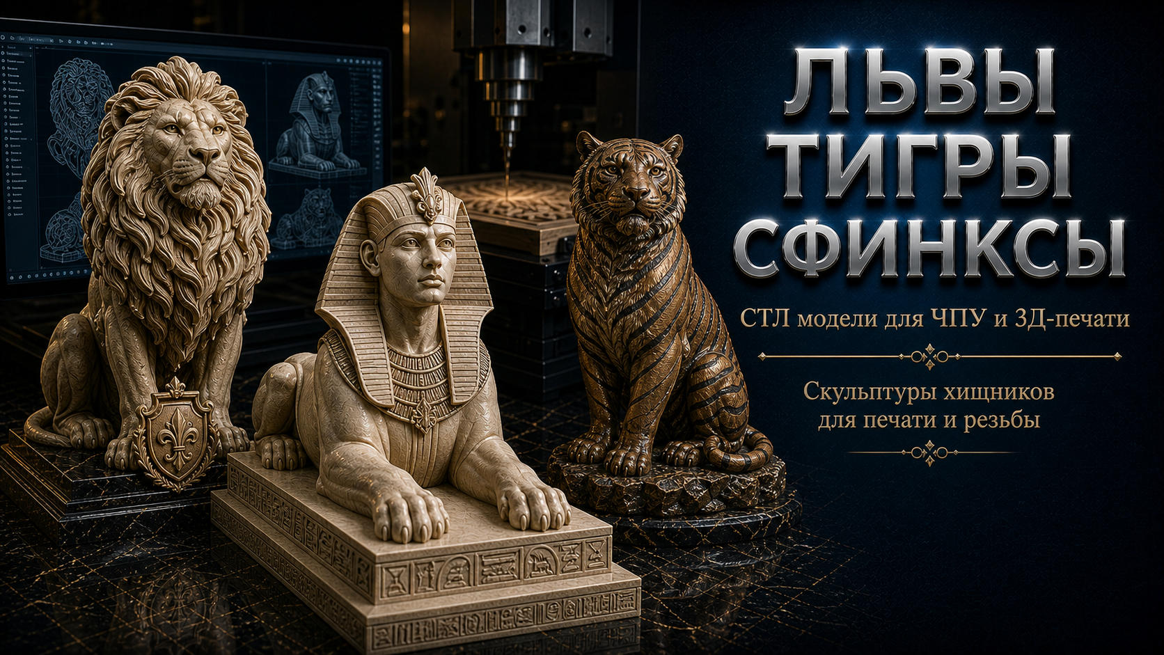 Статуэтки львы тигры сфинксы 3D модели для ЧПУ