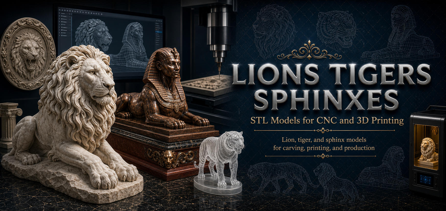 Figurines lions tigers sphinxes 3D модели для ЧПУ