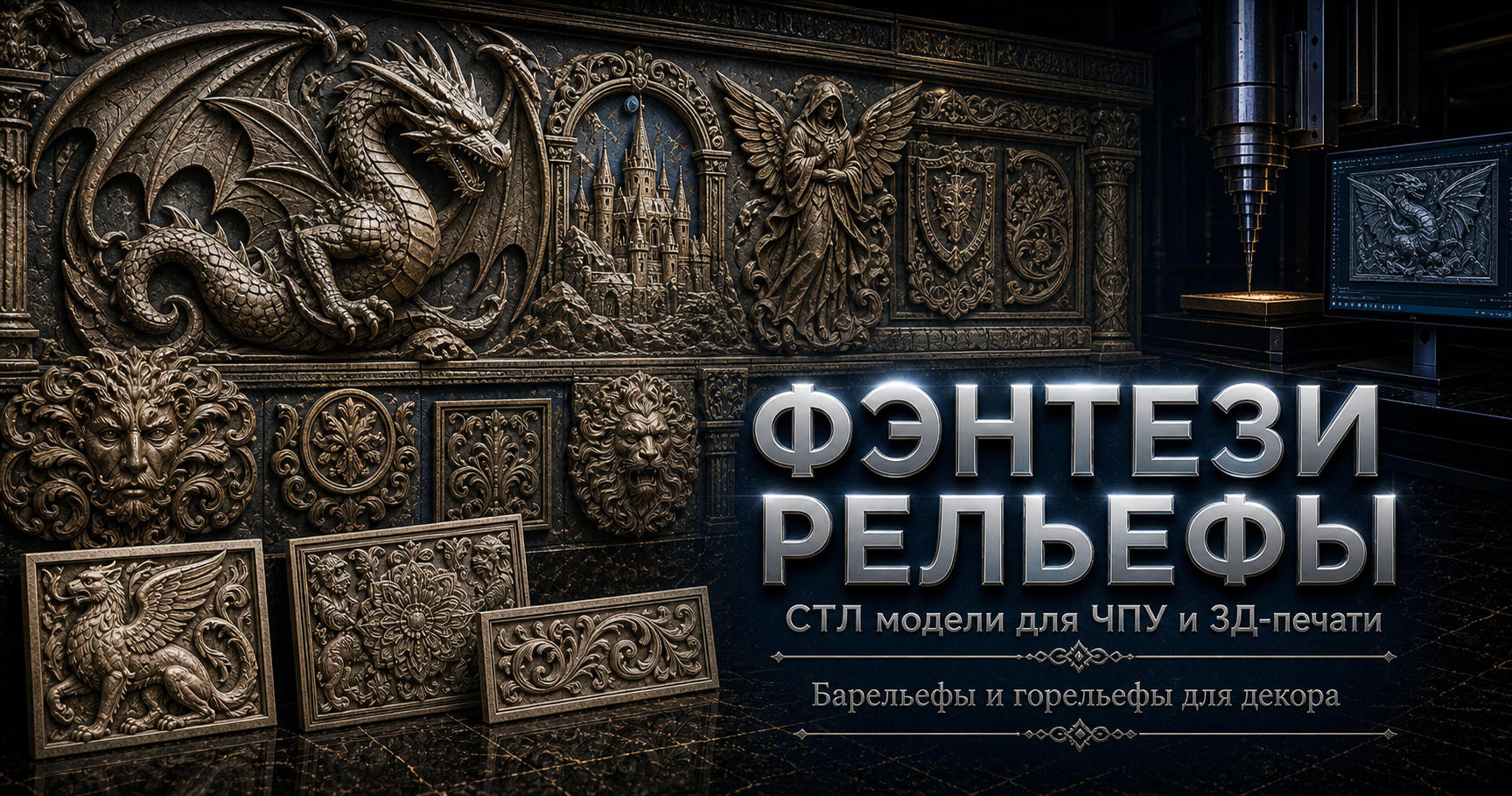 Горельефы и барельефы фэнтези 3D модели для ЧПУ