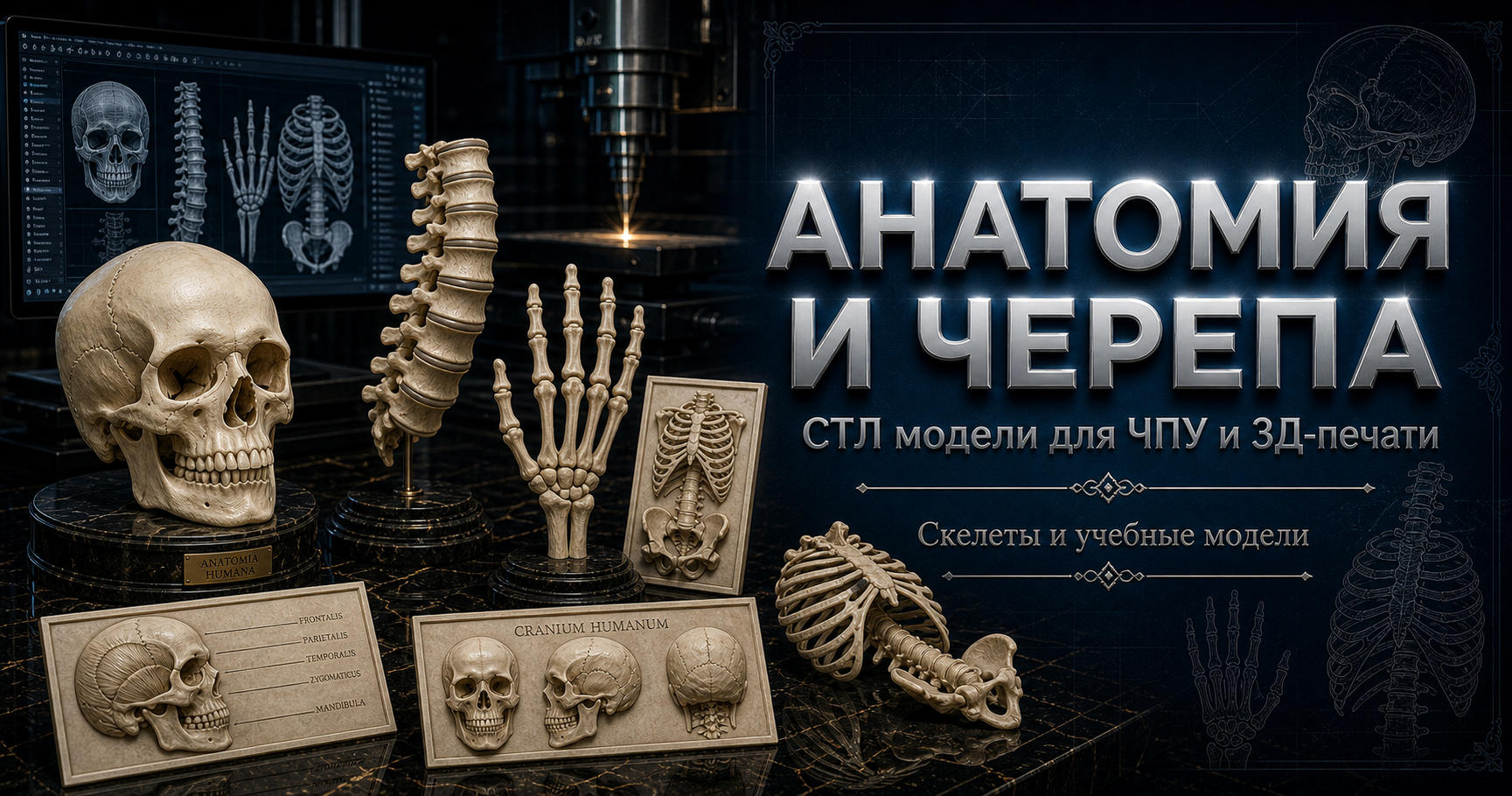 Анатомия скелеты и черепа 3D модели для ЧПУ